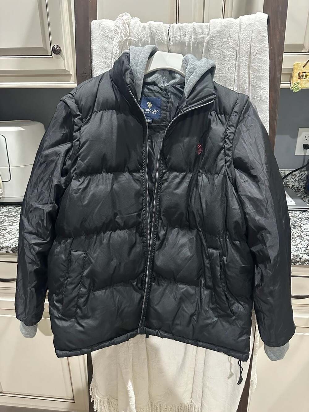 U.S. Polo Assn. Men's Black Puffer Jacket with Grey Fleece Hood Size M